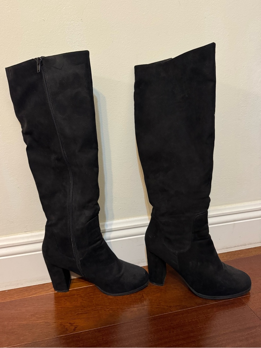 Black High Suede Block Heel Boots
